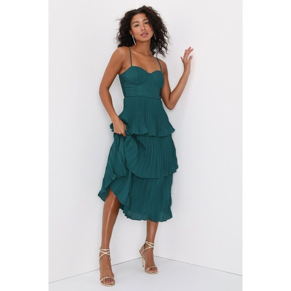 Lulus Cascading Crush Emerald Tiered Bustier Midi Dress Green - Size XXL